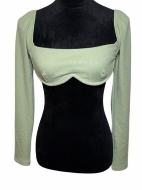 Princess Polly Sage Green Ribbed Underwire Long Sleeve Crop Top